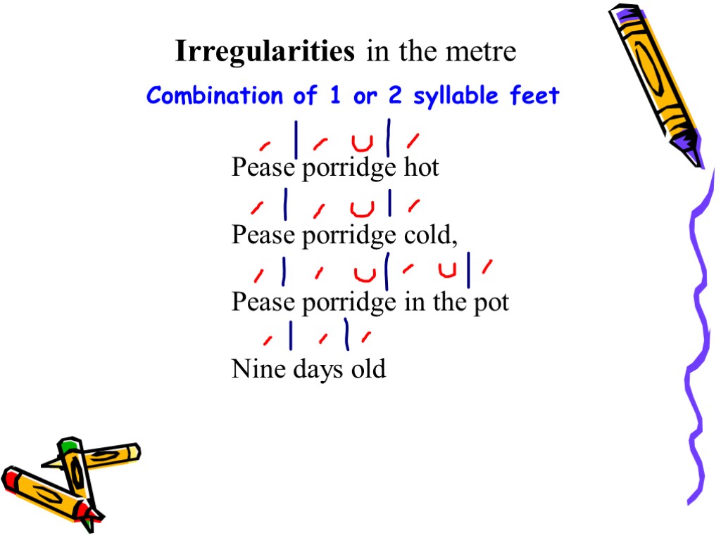 Irregularities in the metre Combination of 1 or 2 syllable feet Pease porridge hot